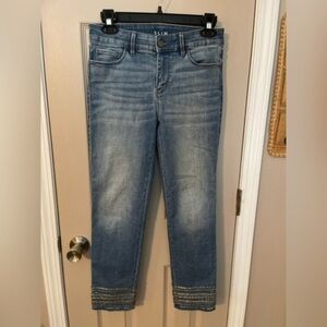 White House Black Market The Slim Crop medium wash mid-rise beaded jeans. Size 0